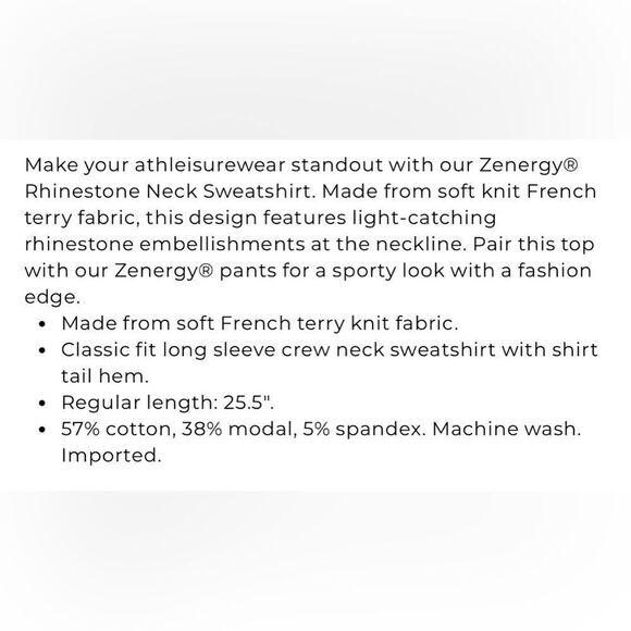 Chico’s Size 1 Zenergy Rhinestone Neck Sweatshirt - Picture 7 of 7